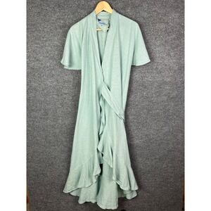 Yuvita Women's Wrap Dress Linen‎ Blue Short Sleeve Midi Casual Size S